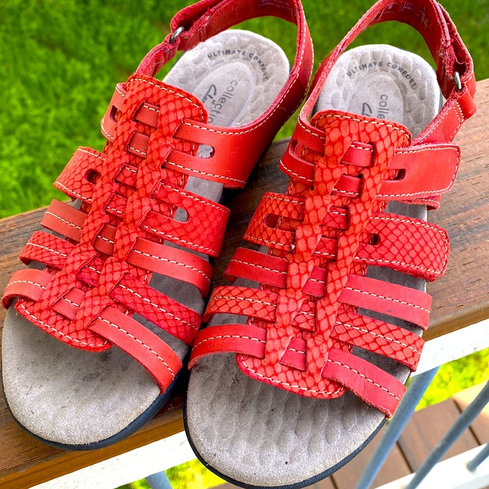 CLARKS Collection 1” flat closed toe adjustable sandal in Red Leather